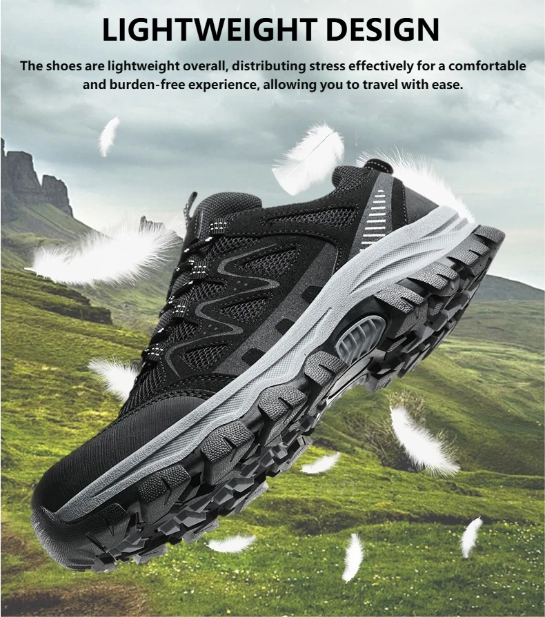 Work athletic shoes – Arch support, wide toe box, breathable, lightweight, non-slip, designed for mountaineering and outdoor activities.